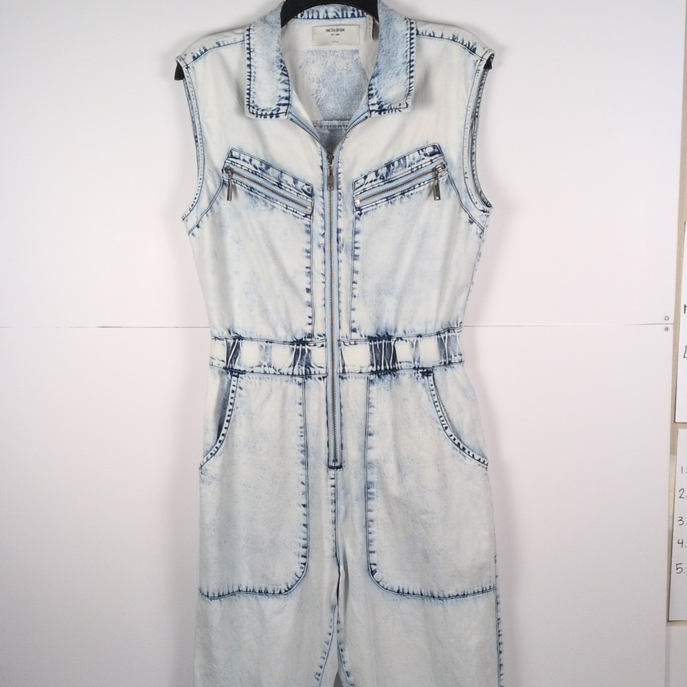 OneTeaspoon Blue Denim Zip Front Pockets Sleeveless Collared Jumpsuit S